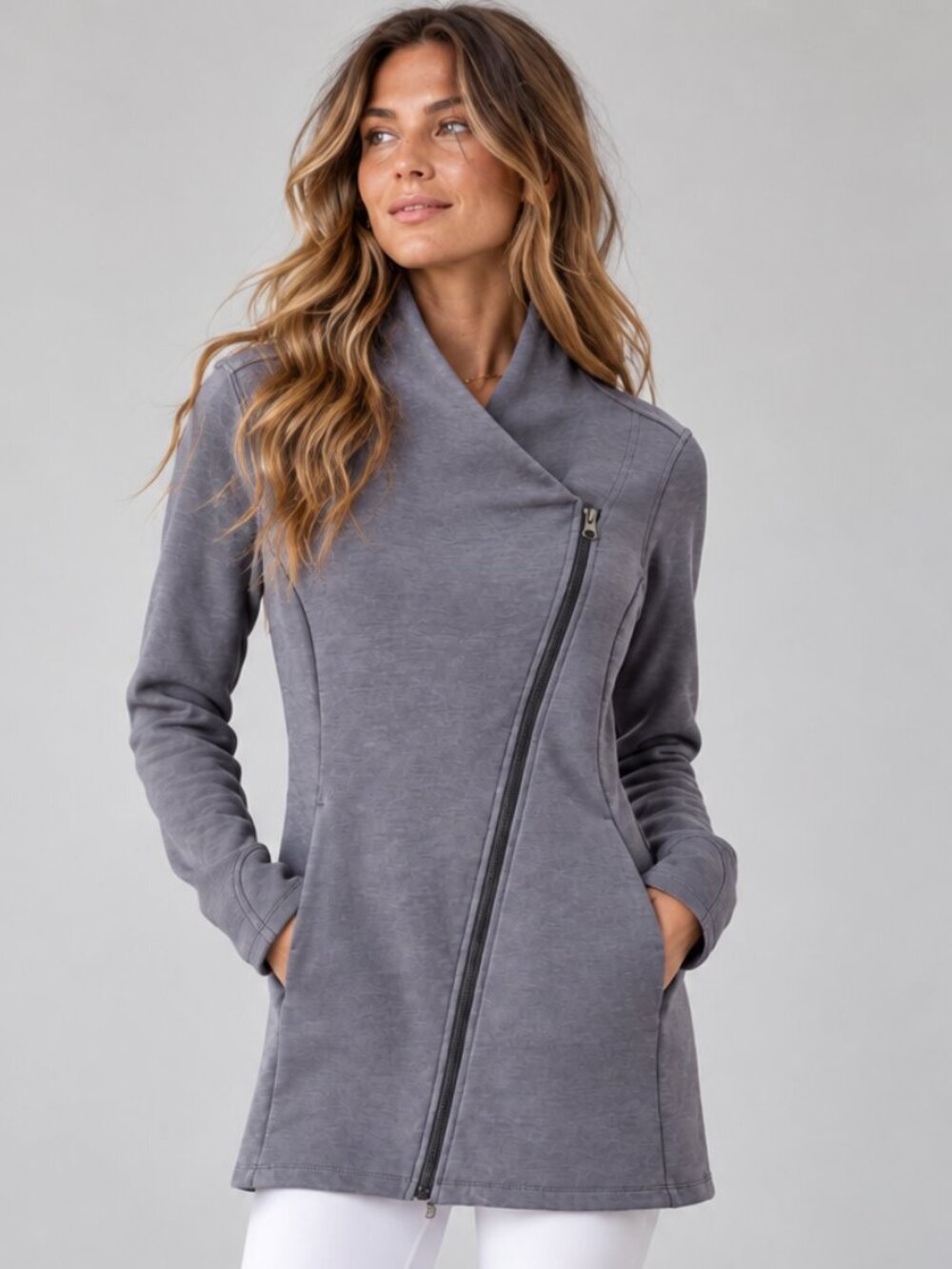 ATHLETA Softtech CYA Asymmetrical Zip Jacket Coat Heathered Grey XS